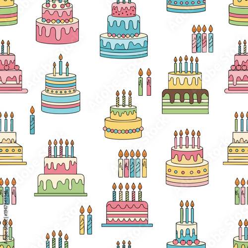 Various colorful tiered cakes and individual candles arranged in a seamless pattern