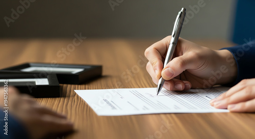 Close-up of a person signing a document with a pen on a wooden desk, business concept.