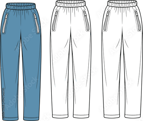 Technical CAD drawing flat vector illustration of women's activewear sweatpants featuring an elastic waistband and front vertical zipper security pockets.