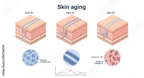 Anatomy of Skin Aging Diagram showing Changes in Epidermis and Dermis Layers at Ages 35, 45, and 55 with Collagen and Hyaluronic Acid Loss for Dermatology and Skincare