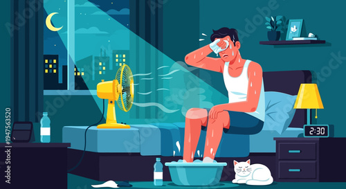 Man Suffering from Summer Heatwave at Night in Bedroom, Sweating Person Trying to Cool Down with Electric Fan and Water
