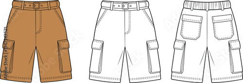Technical CAD drawing flat vector illustration of women's cargo shorts featuring a belted waist multiple utility pockets and elastic back.