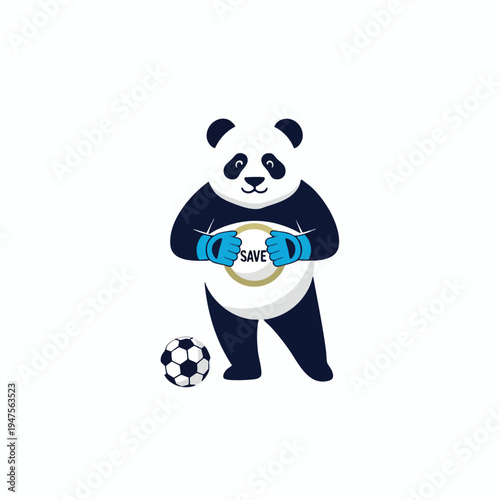 Cartoon panda in blue gloves holds a circle with "SAVE" inside, beside a soccer ball