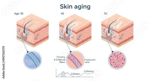 Skin Aging Process Infographic Showing Wrinkle Formation and Collagen Loss at Ages 35, 45, and 55