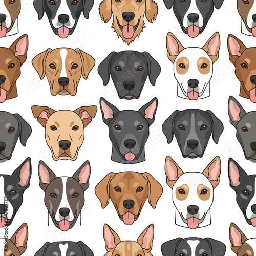 A playful pattern of diverse dog faces on a white background