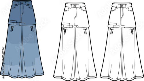Technical CAD drawing flat vector illustration of women's denim maxi skirt featuring a belted thigh detail with decorative ribbon bows.