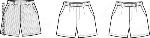 Technical CAD drawing flat vector illustration of women's elastic waist shorts featuring pinstripe pattern front pockets and a relaxed fit.