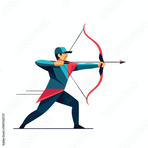 Stylized archer aims bow and arrow, mid-shot, against a white background