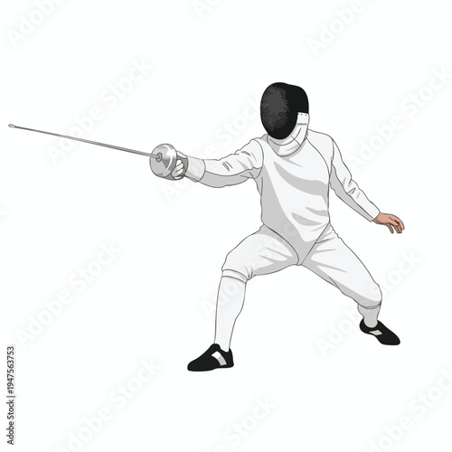 A fencer in a white uniform and mask lunges forward with a foil