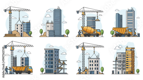 Collection of eight construction site scenes showing cranes trucks and workers building tall modern skyscrapers and city structures.