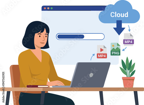 Woman sits at desk uploading files to cloud storage on laptop