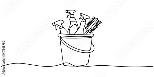 continuous one line drawing of cleaning tools in bucket