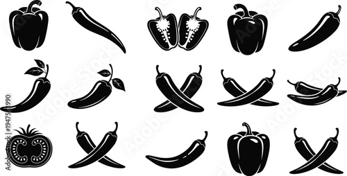 Chili pepper and bell pepper silhouette collection with spicy vegetable icons, capsicum food vector set isolated for cooking and agriculture design
