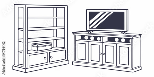 A vintage entertainment center with a television and bookshelf