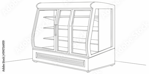A detailed illustration of a large, empty, multi-shelf refrigerator unit.