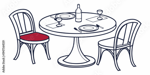 A simple dining table with two chairs and a bottle of wine on top