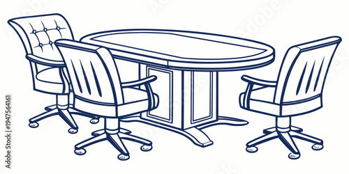 A modern office setting with a round table and four swivel chairs.