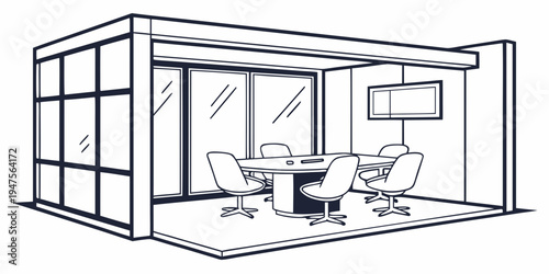 A modern office space with a large glass window and a conference table.