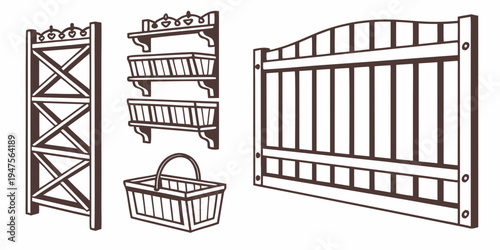 A collection of wooden shelves and a basket for storage and organization.