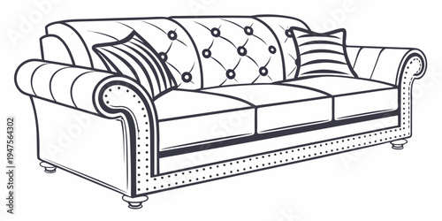 A classic white sofa with tufted backrest and decorative cushions