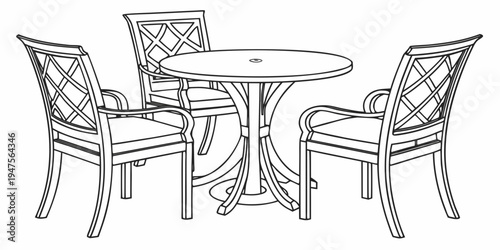 A set of four chairs and a round table with intricate designs on the backrests.