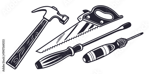 A collection of tools including a hammer, saw, screwdriver, and wrench.