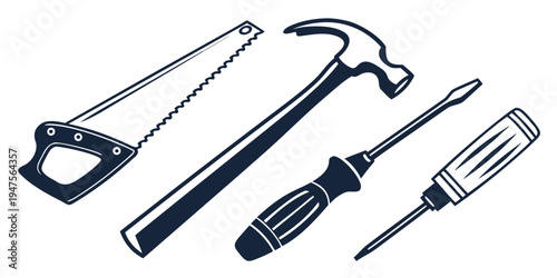 Assorted tools including hammer, saw, screwdriver, and more