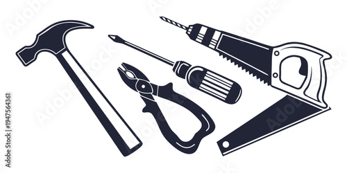Assorted tools and hardware items displayed on a white background