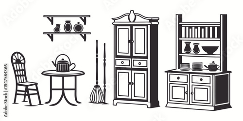 A vintage illustration of a cozy living room with antique furniture and decor.