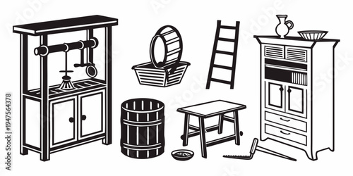 A vintage-style room featuring various wooden furniture and household items.