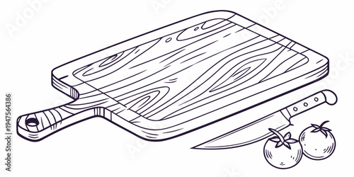 A wooden cutting board with a knife and an apple on a kitchen counter.