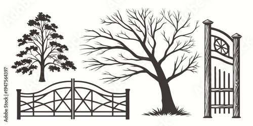 A serene park scene featuring a large tree, a bench, and a gate