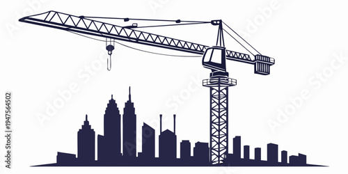 A towering crane dominates the skyline of a modern cityscape