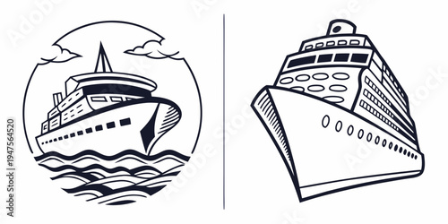Two stylized drawings of cruise ships sailing on calm waters with detailed designs