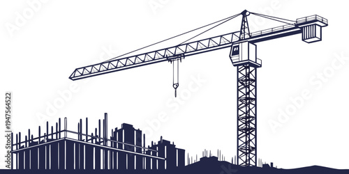 A towering crane dominates the skyline of a bustling construction site with buildings.