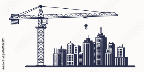 A city skyline under construction with a large crane in the foreground