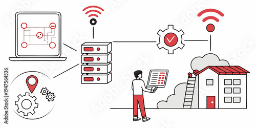 Illustration of a person using a mobile device to connect with various smart home devices.