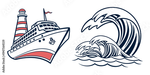 A large cruise ship sailing on a calm sea with a wave illustration.
