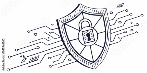 A digital shield with a lock symbol surrounded by various network icons