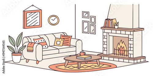 A cozy living room with a fireplace, couch, and decorative items.