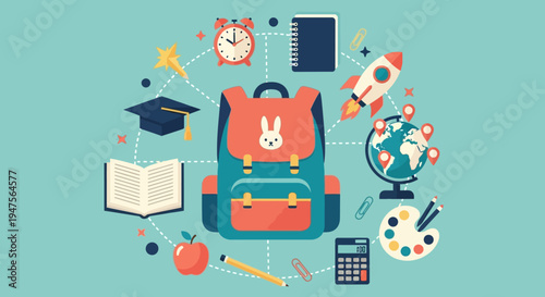 Colorful Back to School Vector Illustration Featuring a Child's Backpack Surrounded by Educational Icons like Globe, Book, Rocket, and Graduation Cap