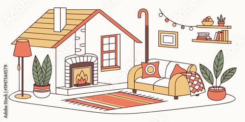 A cozy living room with a fireplace and a comfortable couch