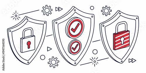 Three shields with padlocks and checkmarks symbolizing security and verification