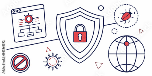 Illustration of various cybersecurity icons and symbols representing digital protection