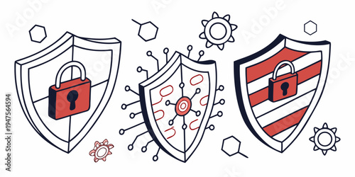 Shields and viruses illustrating the importance of cybersecurity and health safety