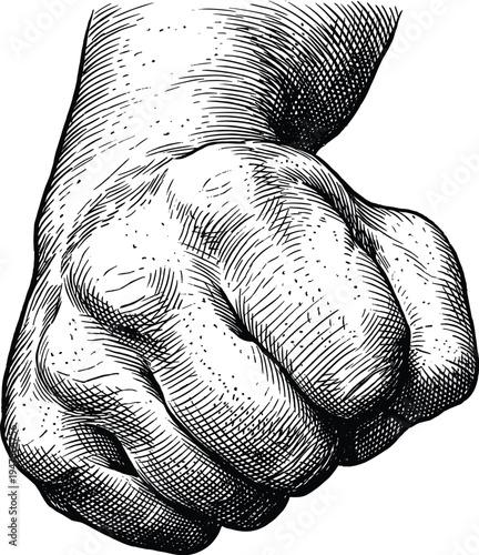 Fist clenched tightly in black and white engraving