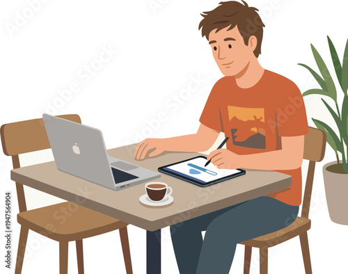 Man sitting at table working on laptop and writing on notepad with coffee cup nearby