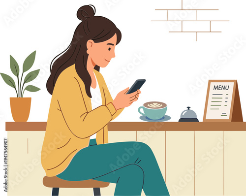 Woman sitting alone in a cafe using her smartphone while enjoying coffee and surrounded by menu and plant.