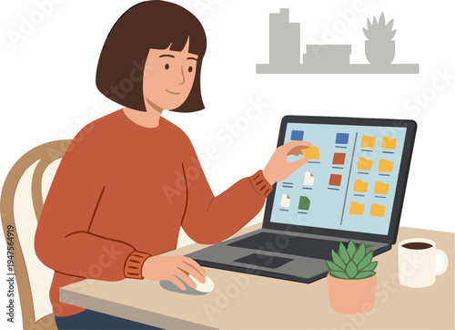 Woman uses laptop to interact with colorful icons on screen at desk