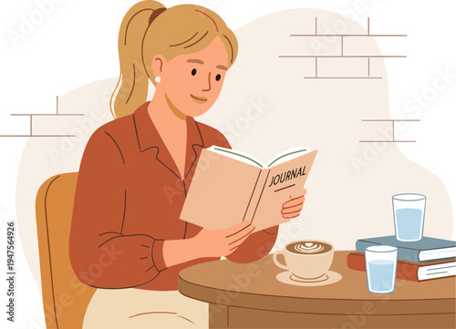 Woman sits reading book at table with coffee and glasses of water indoors